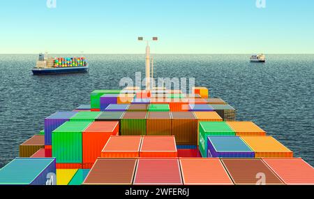 Navires de conteneur de cargaison avec des conteneurs de cargaison naviguant dans l'océan, vue du navire. Rendu 3D. Banque D'Images