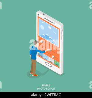 Éditeur d'image télévision Mobile concept vecteur isométrique. L'homme est l'édition d'une photo sur le smartphone en appliquant des filtres et la modification de certains autres paramètres Illustration de Vecteur