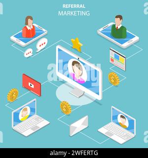 Notion de vecteur isométrique télévision réseau et le marketing de filiale, la stratégie du programme de parrainage, partenariat d'affaires. Illustration de Vecteur