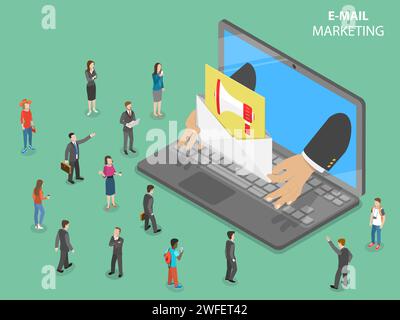E-mail marketing télévision vecteur isométrique concept. Les mains de l'ordinateur portable indique une lettre avec promotion connectez-vous à l'audience. La publicité numérique ca Illustration de Vecteur
