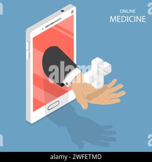 Concept de vecteur isométrique plat de médecine en ligne. Une main sortant du smartphone tient une croix blanche comme symbole des soins médicaux. Illustration de Vecteur