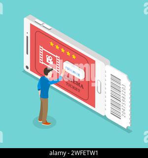 Concept isométrique de vecteur plat de l'application de billets de cinéma mobile, coupon de film réservation en ligne. Illustration de Vecteur