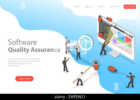 Modèle isométrique de page de destination vectorielle plate d'assurance qualité de logiciel, SQA, test de produit et débogage, programmation et codage. Illustration de Vecteur