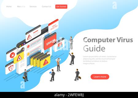 Modèle isométrique plat d'atterrissage de vecteur plat de pate de virus informatique, notification d'alerte, piratage, cybersécurité, erreur Internet de fraude. Illustration de Vecteur