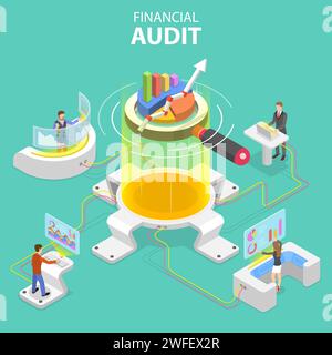 Concept de vecteur isométrique plat de service d'audit financier, rapport d'examen fiscal, planification et comptabilité. Illustration de Vecteur