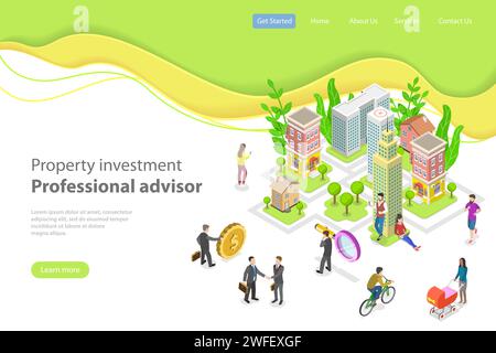 Modèle de page d'arrivée à vecteur plat isométrique. Investissement dans la propriété, transaction immobilière, hypothèque. Illustration de Vecteur