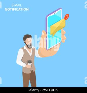 Concept isométrique de vecteur plat de notification par e-mail, alerte par e-mail, nouveau message. Illustration de Vecteur