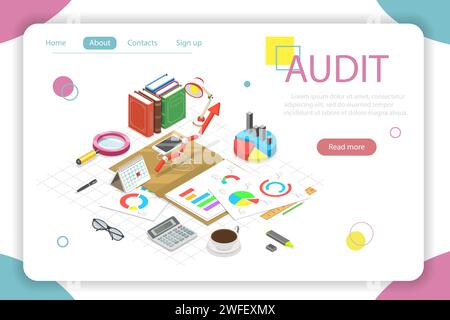Audit de concept de vecteur isométrique plat, examen fiscal, rapport financier. Illustration de Vecteur