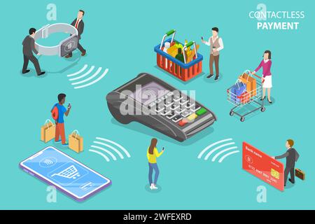 Concept vectoriel isométrique plat de paiement sans contact, sans fil, sans espèces, NFC Illustration de Vecteur