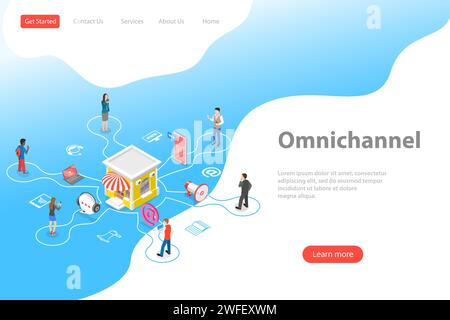 Modèle isométrique de Landing page de vecteur plat de cross canal, omnicanal, plusieurs canaux de communication entre le vendeur et le client, marché numérique Illustration de Vecteur