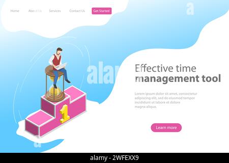 Modèle isométrique de Landing page vectoriel plat pour la gestion efficace du temps, la planification et la stratégie, la planification des travaux. Illustration de Vecteur