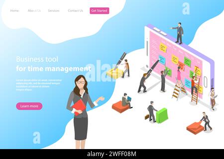 Modèle de page de destination vectorielle isométrique plat pour outil de gestion du temps, planification d'entreprise, calendrier, rendez-vous de réunion, ordre du jour. Illustration de Vecteur