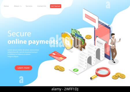 Modèle de page de destination vectorielle isométrique plat de paiement en ligne sécurisé, reçu, transfert d'argent, portefeuille mobile. Illustration de Vecteur