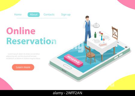 Concept de vecteur isométrique plat de réservation en ligne de table, réservation mobile. Illustration de Vecteur