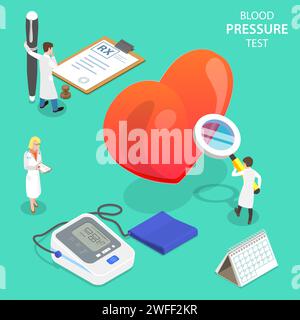 Concept isométrique de vecteur plat de test de pression artérielle, tonomètre numérique médical, bilan de santé régulier. Illustration de Vecteur