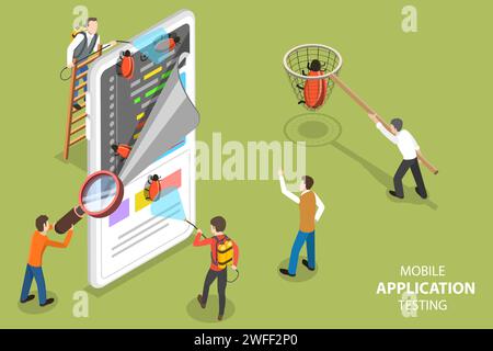 Concept de vecteur plat isométrique 3D de test d'applications mobiles, assurance qualité, développement de logiciels, recherche de bogues dans le code. Illustration de Vecteur