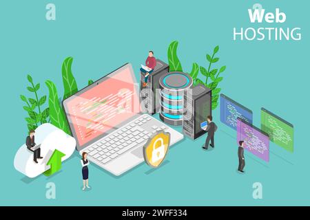 Concept isométrique de vecteur plat de service d'hébergement Web, cloud computing, centre de données. Illustration de Vecteur