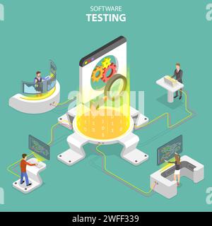 Concept isométrique de vecteur plat d'assurance qualité de logiciel, SQA, test de produit et débogage, programmation et codage. Illustration de Vecteur