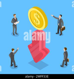 Concept de vecteur plat isométrique 3D de crise financière, réduction des coûts, diminution du taux en dollar, minimisation des prix, baisse du taux de profit, blocage économique Illustration de Vecteur