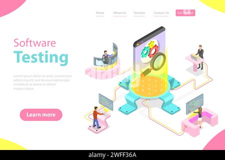 Modèle isométrique plat de pate d'atterrissage vectoriel d'assurance qualité de logiciel, SQA, test de produit et débogage, programmation et codage. Illustration de Vecteur