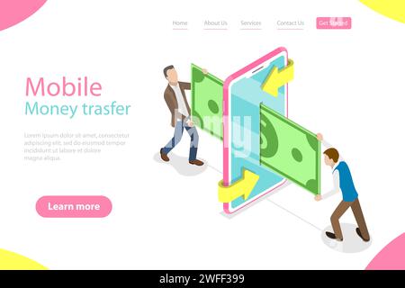 Modèle isométrique de page de destination vectorielle plate de transer d'argent mobile, paiement en ligne et services bancaires, transaction financière, achat en ligne. Illustration de Vecteur