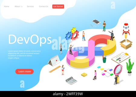 Modèle isométrique de Landing page vectoriel plat de DevOps, développement et opérations, développement logiciel, test et support. Illustration de Vecteur