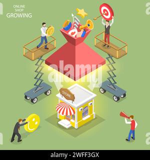 Concept isométrique de vecteur plat de croissance de boutique en ligne, démarrage d'entreprise, lancement de boutique en ligne, campagne de marketing numérique. Illustration de Vecteur