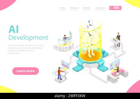 Modèle de page de destination vectorielle isométrique plat du développement de l'IA, de la coopération robot et humaine, de l'intelligence artificielle, de la rpa, de l'iot. Illustration de Vecteur