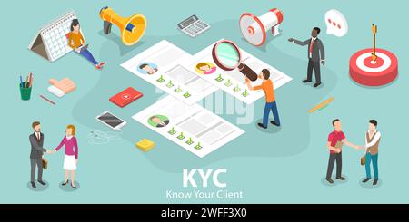 Concept de vecteur plat isométrique 3D de KYC - connaître votre client, directives anti-blanchiment d'argent, processus de minimisation des risques financiers dans Business Rela Illustration de Vecteur