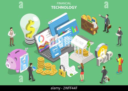 Concept isométrique de vecteur plat de fintech, technologie financière, banque en ligne, blockchain, analyse de données. Illustration de Vecteur
