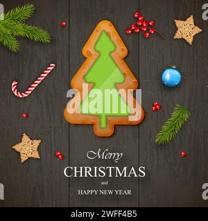 Pain d'épice de Noël sur fond en bois foncé avec des souhaits, branches de pin, étoiles en bois et baies. Pour carte de vœux, affiche et bannière. Vector ill Illustration de Vecteur