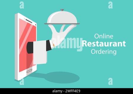 Concept de vecteur isométrique plat de réservation en ligne de table, réservation mobile, commande de nourriture et livraison. Illustration de Vecteur