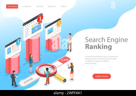 Modèle plat de pate d'atterrissage de vecteur isométrique de classement seo, marketing d'optimisation de site Web, analyse Web, moteur de recherche. Illustration de Vecteur