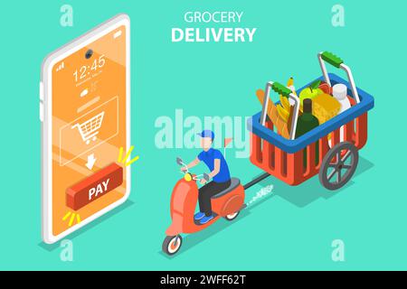 Concept de vecteur plat isométrique 3D de livraison d'épicerie, application de commande de nourriture en ligne, service de livraison rapide. Illustration de Vecteur