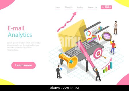 Modèle de page de destination vectorielle isométrique d'analyse d'e-mail, analyse de marketing numérique, promotion de produits, campagne publicitaire, promotion numérique. Illustration de Vecteur