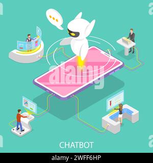 Concept de vecteur isométrique plat de chatbot, ai, intelligence artificielle, support client, stratégie de marketing. Illustration de Vecteur