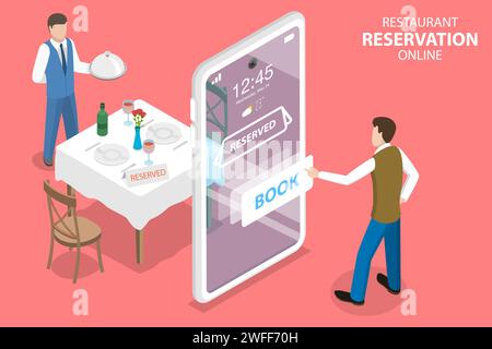 Concept de vecteur plat isométrique 3D de, application de commande de nourriture en ligne de restaurant et de café, réservation en ligne de table, réservation mobile. Illustration de Vecteur