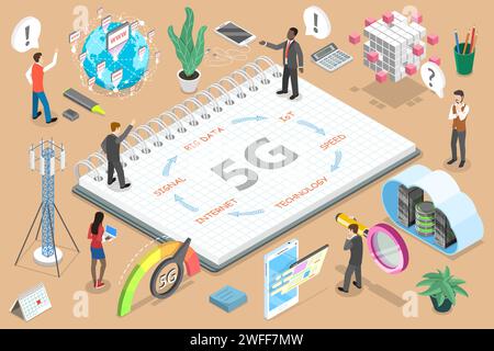 Concept de vecteur plat isométrique 3D de 5G , technologie Internet haute vitesse, réseau sans fil mondial. Illustration de Vecteur