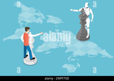 Concept de vecteur plat isométrique 3D. Robot et humain jouent aux échecs, à l'intelligence artificielle, à l'automatisation des affaires. Illustration de Vecteur
