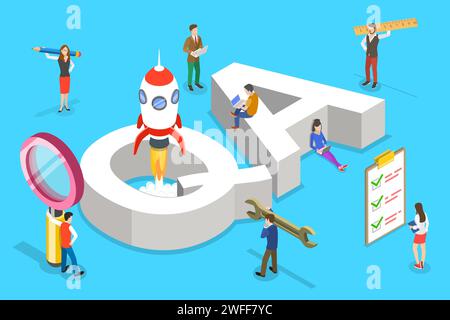 Concept isométrique à vecteur plat d'AQ, assurance qualité, test d'applications logicielles, codage et programmation, questions et réponses, équipe SQA. Illustration de Vecteur