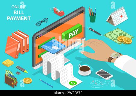 Concept de vecteur isométrique plat de paiement de facture, achats, banque en ligne, comptabilité, transaction bancaire. Illustration de Vecteur