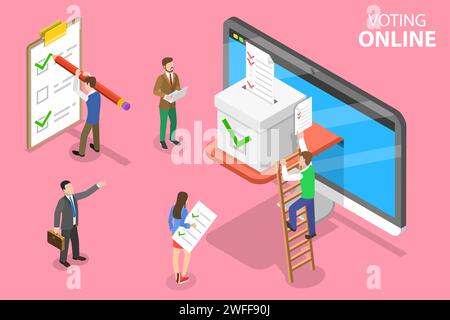 Concept isométrique de vecteur plat de vote et d'élection en ligne, système Internet de vote électronique. Illustration de Vecteur