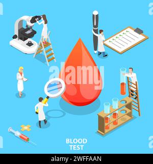 Concept isométrique de vecteur plat de procédure de test sanguin, laboratoire d'hématologie de l'hôpital, numération sanguine complète. Illustration de Vecteur