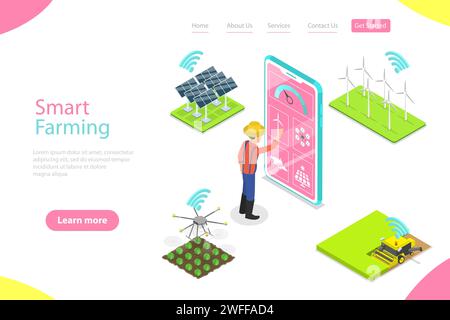 Modèle isométrique de Landing page vectoriel plat de l'agriculture intelligente, de l'automatisation agricole et de la robotique, de l'analyse et de la gestion des données agricoles. Illustration de Vecteur