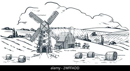 Paysage rural avec moulin, ferme, récolte et champs de blé. Dessin à la main illustration vintage vectorielle de village de campagne. Agriculture et agriculture Illustration de Vecteur