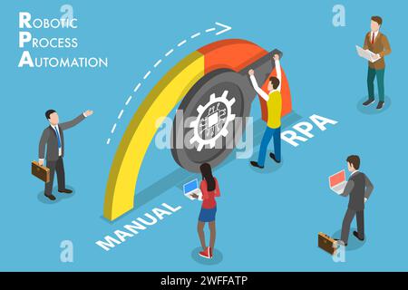 Illustration conceptuelle isométrique à vecteur plat 3D de RPA - automatisation des processus robotisés, améliorant la productivité des processus métier. Illustration de Vecteur