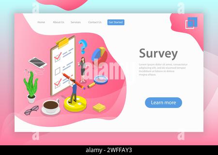 Modèle isométrique de page de destination vectorielle plate de sondage, évaluation et commentaires des clients, test de qualité, recherche de satisfaction des consommateurs. Illustration de Vecteur