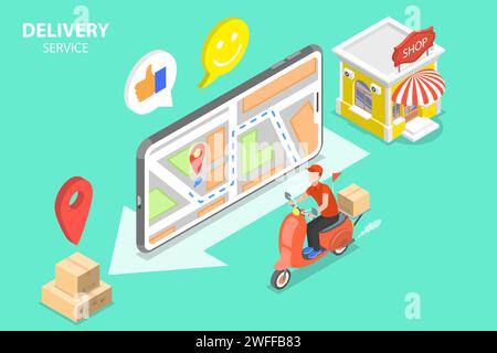 Illustration conceptuelle vectorielle isométrique. Delivery Man est à cheval sur le vélo et l'application mobile montrant l'itinéraire de livraison entre un magasin et livraison destinatio Illustration de Vecteur