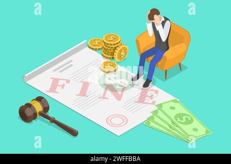 Vecteur isométrique notion de amende ou pénalité. Un homme triste est assis à côté du document fin. Illustration de Vecteur