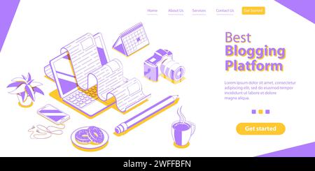 Creative Blogging, Stratégie de marketing de contenu, publication de blog commercial et Copywriting. Modèle de page d'arrivée. Vecteur plat isométrique 3D Isométrique Ill conceptuel Illustration de Vecteur